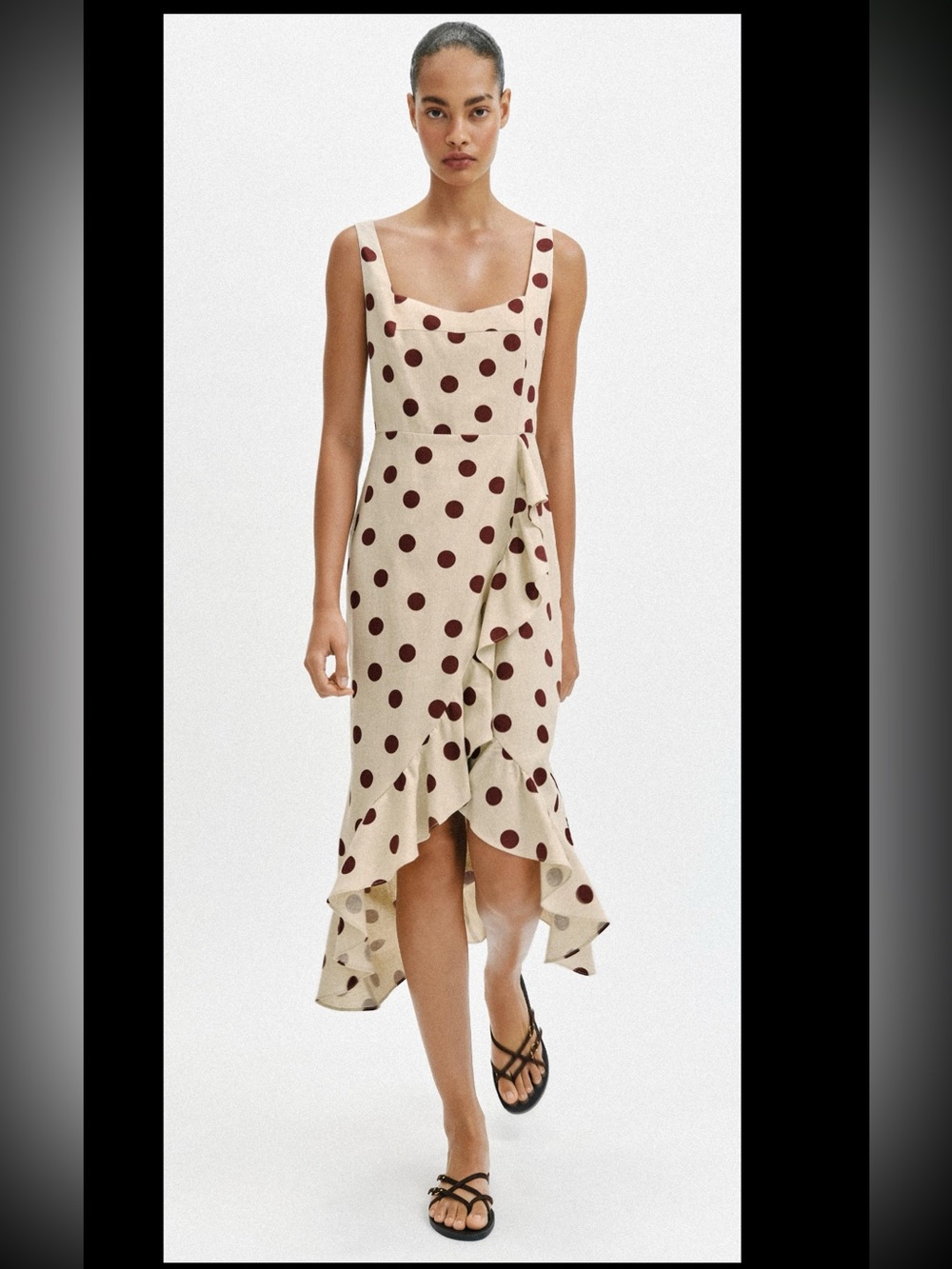 ZARA LINEN BLEND POLKA DOT MIDI DRESS - Picture 1 of 8